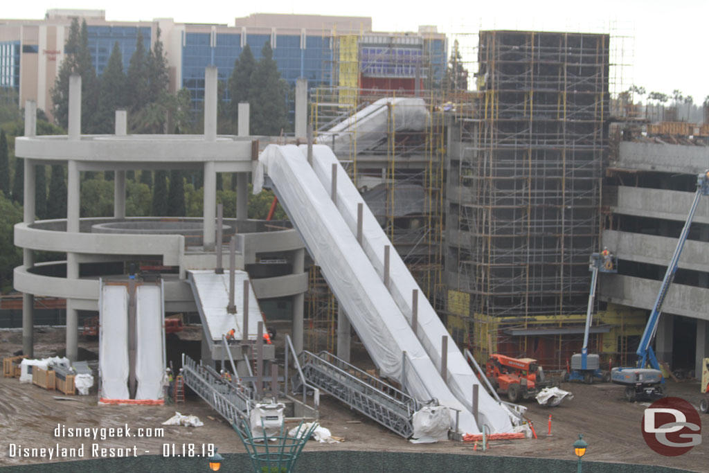 Moving over to the south facing side of the structure and a look at the new parking structure escalator area.  Since my last visit the 5th floor pair have been installed and the 3rd floor ones are on site and being prepared to be lifted into position.