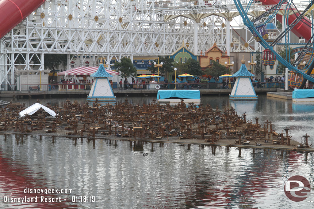 World of Color renovation continues.  The platform closest to Lamplight Lounge was up.  Also the light boxes for Season of Light are still in the bay.