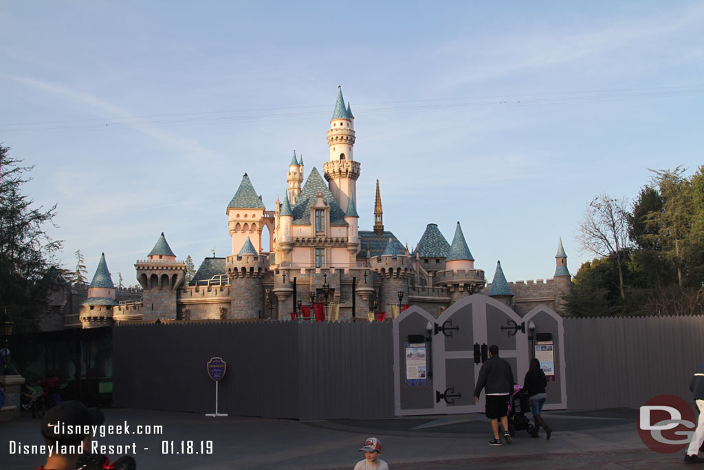 Walls are up and scaffolding is rising around Sleeping Beauty Castle. They will be redoing the roof and repainting during this renovation project.