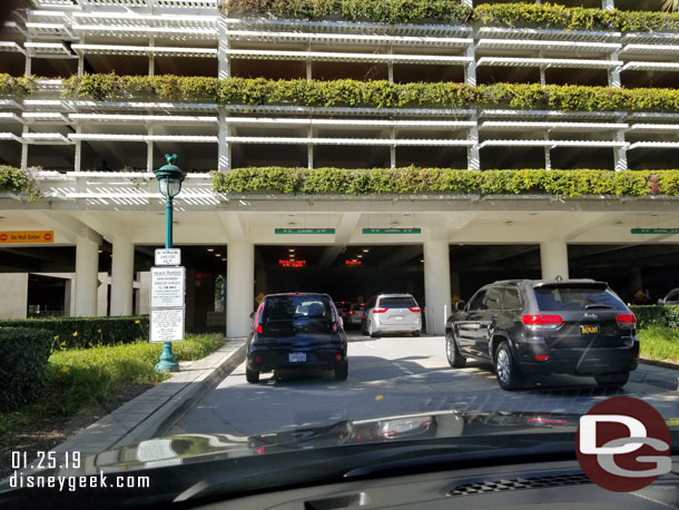 The Mickey and Friends Parking Structure was backed up, all lanes were open and the line stretched outside the structure at 10:30am.