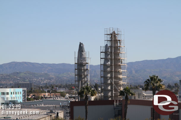 Th scaffolding is starting to be removed on one of the background spires as work wraps up.