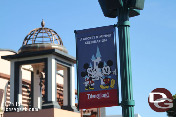 The Banners in Downtown Disney are labeled A Mickey and Minnie Celebration not Get Your Ears On.