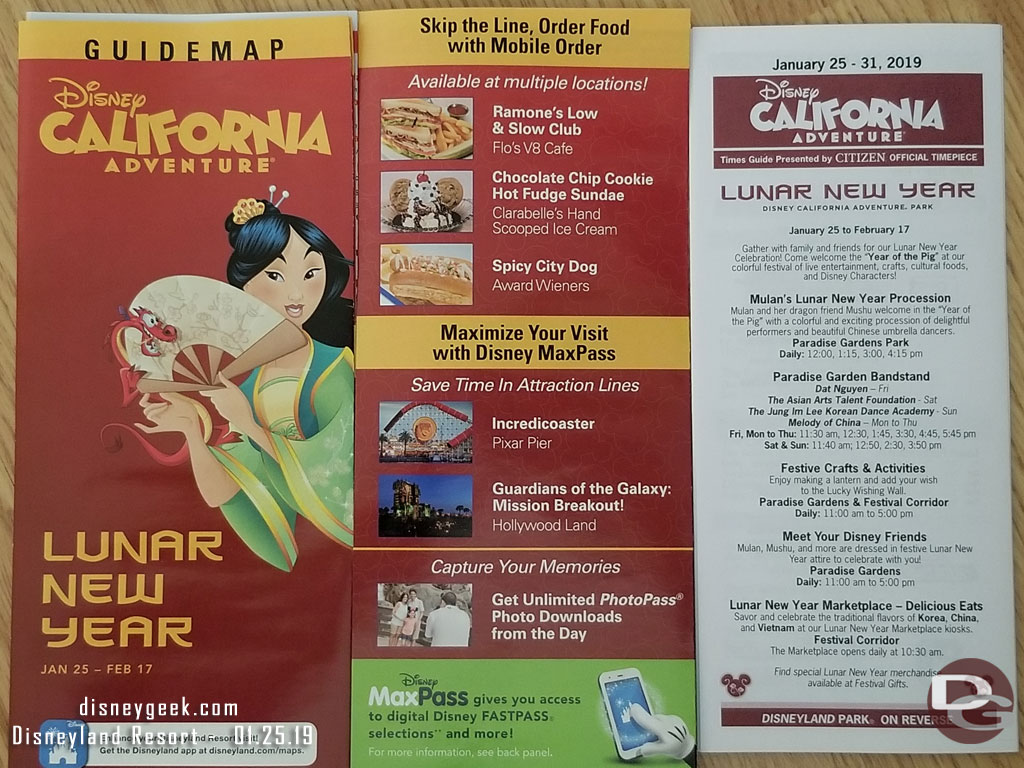 Disney California Adventure park map and times guide.