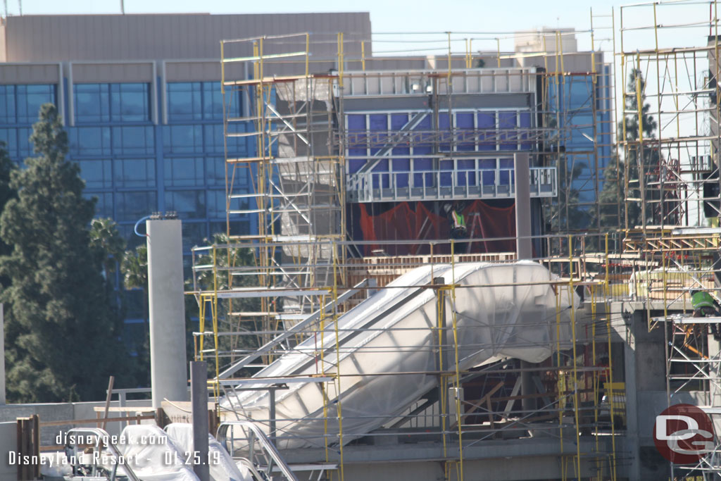 Scaffolding is up around the two elevator towers and the 6th floor escalator.