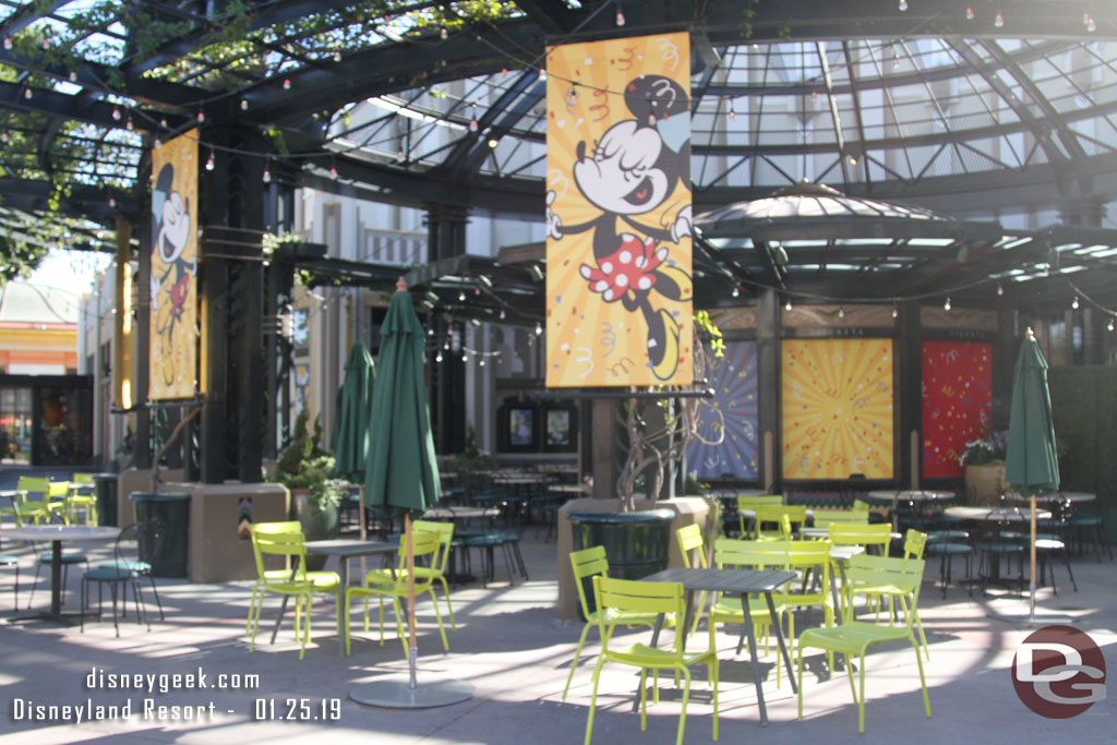 The food truck seating area in front of the former AMC is decorated for the Get Your Ears On Celebration.