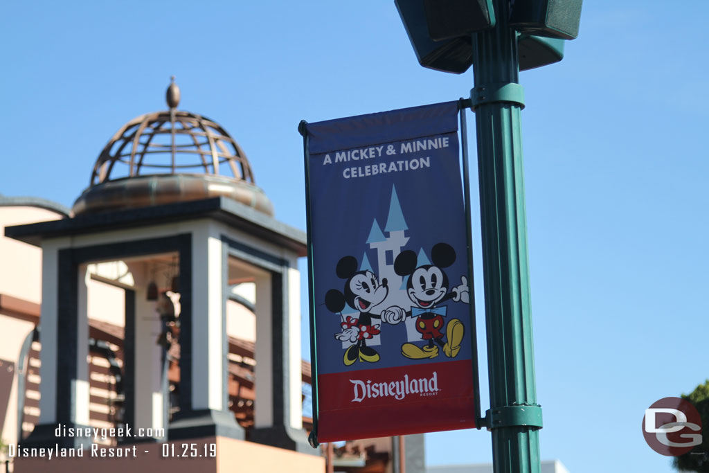 The Banners in Downtown Disney are labeled A Mickey and Minnie Celebration not Get Your Ears On.