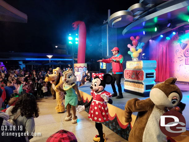 Minnie Mouse, Pluto, Chip, Dale & Clarice at the Get Your Ears On Dance Party.