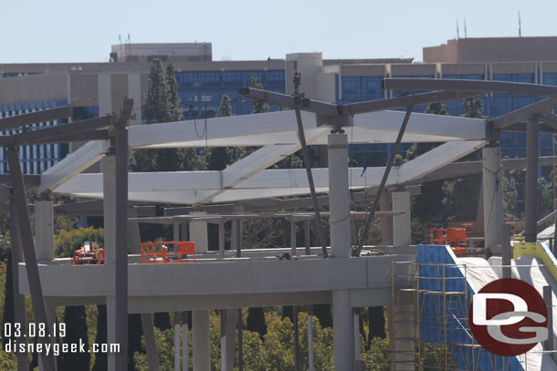 A closer look at the large support structure taking shape for the roof.