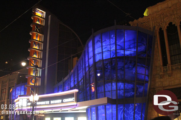 Walked through Hollywood Land again to see the building after dark.