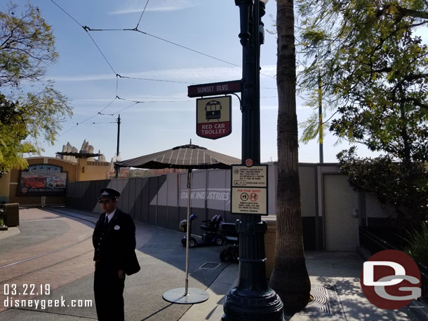 The Red Car stop has been moved across the street to near the FastPass distribution area.