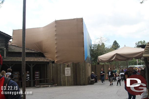 Renovation work going on in Frontierland.  The exterior of the Bonanza Outfitters is being worked on.  The store is still open.