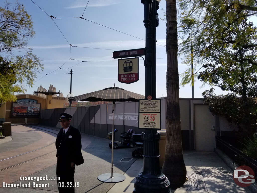 The Red Car stop has been moved across the street to near the FastPass distribution area.