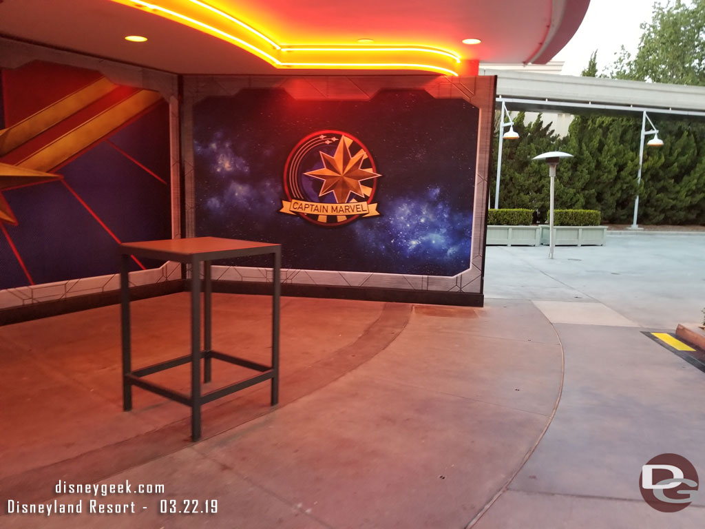 The former temporary Captain Marvel Meet and Greet background is still up but tables for the lounge are in the area now.