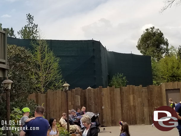 Walls up on the trail along the Rivers of America and a fence up on the second floor of the Hungry Bear.  They appeared to be working on the walkway to Star Wars: Galaxy's Edge