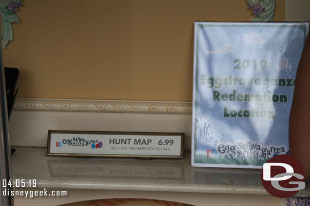 Maps are $6.99 this year (up a dollar from last year) plus tax and no discounts.  They are available at several locations in both parks and Downtown Disney. Each hunt is for 12 eggs and you can redeem for one prize at any point.