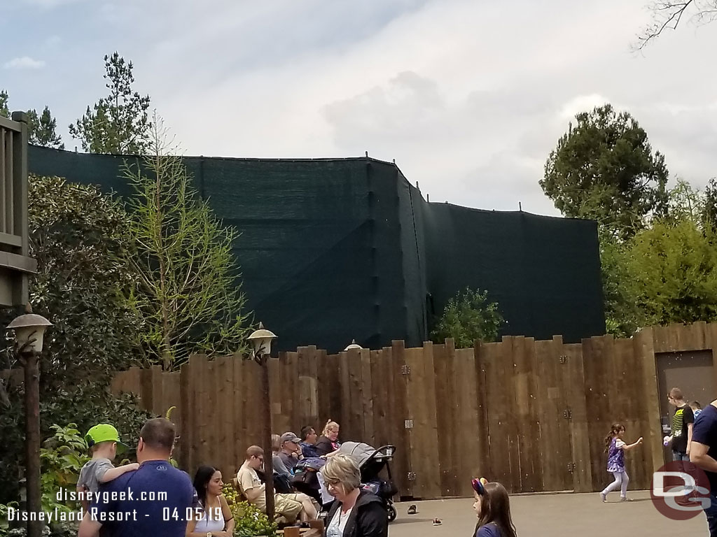 Walls up on the trail along the Rivers of America and a fence up on the second floor of the Hungry Bear.  They appeared to be working on the walkway to Star Wars: Galaxy