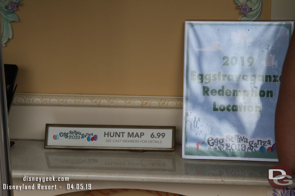 Maps are $6.99 this year (up a dollar from last year) plus tax and no discounts.  They are available at several locations in both parks and Downtown Disney. Each hunt is for 12 eggs and you can redeem for one prize at any point.