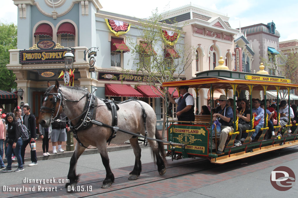 Main Street transportation this afternoon consisted of two trolleys, the firetruck and the yellow car.