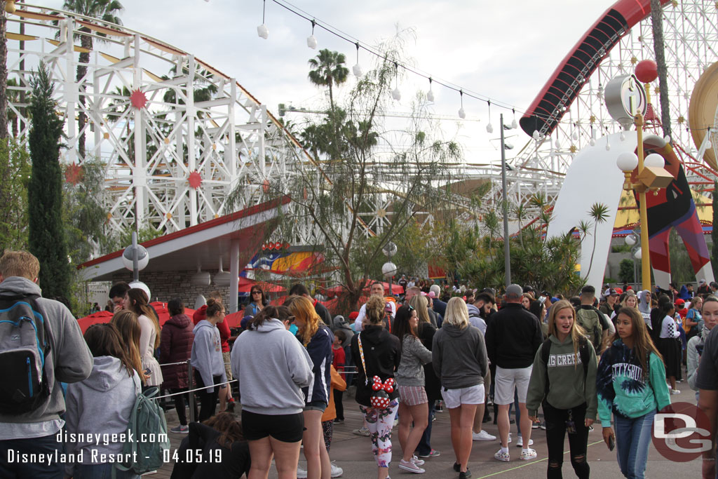 The Incredicoaster queue was out into the walkway and using three switchbacks.
