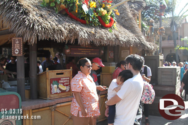 Tiki Juice Bar was only accepting mobile orders.  They were directing everyone else to Tropical Hideaway.  Of course guests were stopping in the walkway to mobile order so not sure it helped out congestion more than the former line.