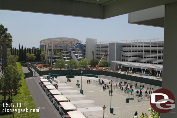 The Pixar Pals Parking Structure is racing along to get open in time to help with the Star Wars crowds.  Here is a look at the tram stop area.