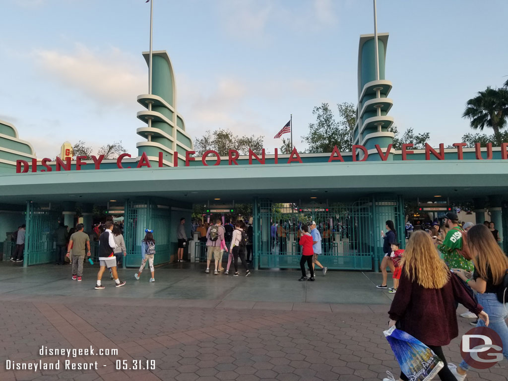 7:22pm and no waits to enter Disney California Adventure.
