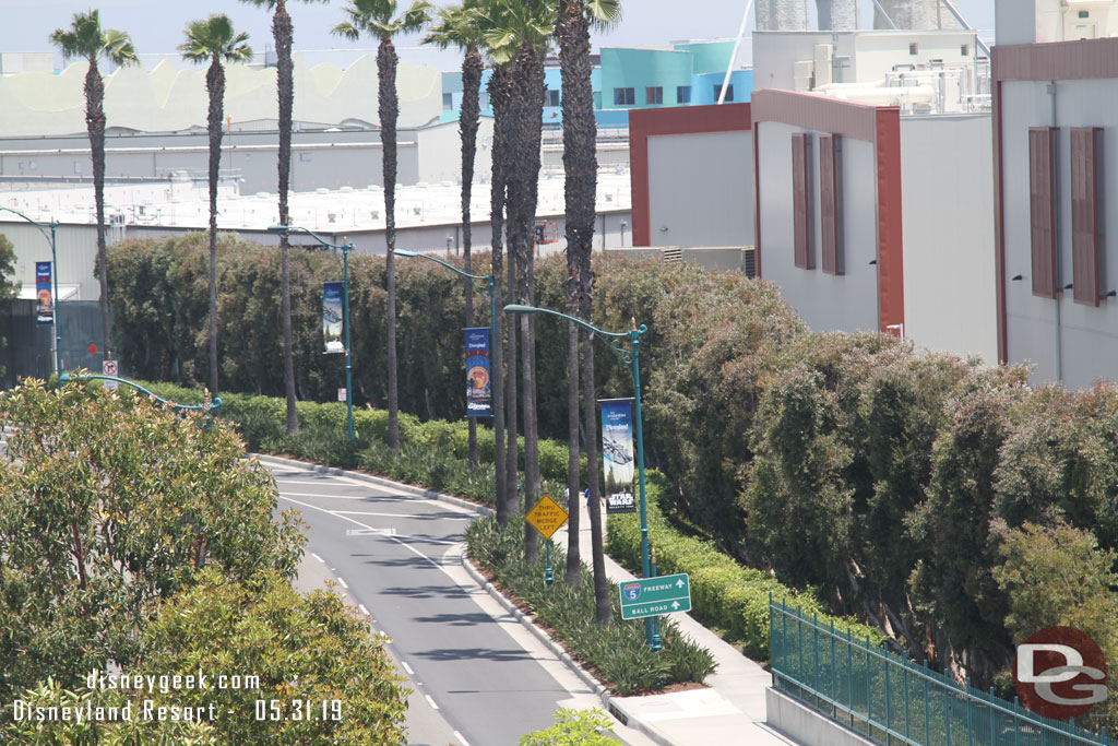 Star Wars and Pixar Pier Banners lining Disneyland Drive.