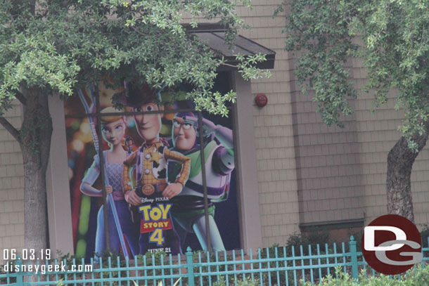 Toy Story 4 poster at the tram stop.