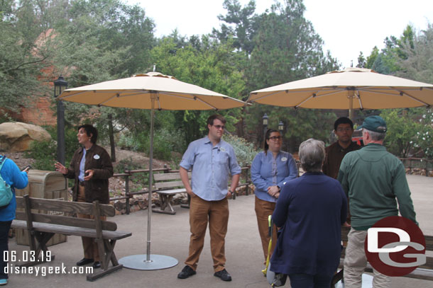 Barriers and cast members on the Big Thunder Trail entrances.