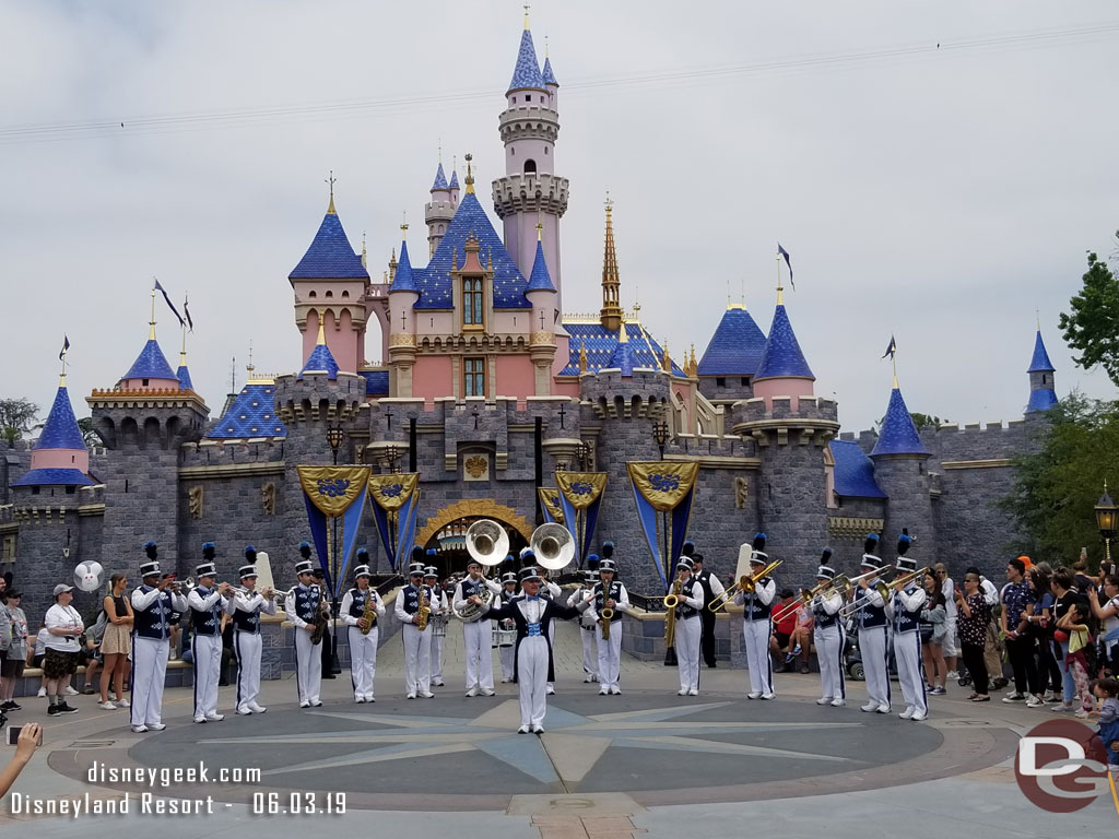 The Disneyland Band performing in front of Sleeping Beauty Castle.