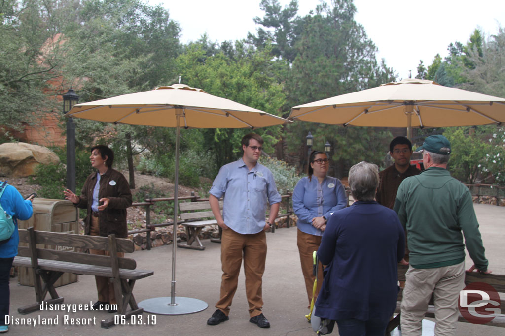 Barriers and cast members on the Big Thunder Trail entrances.