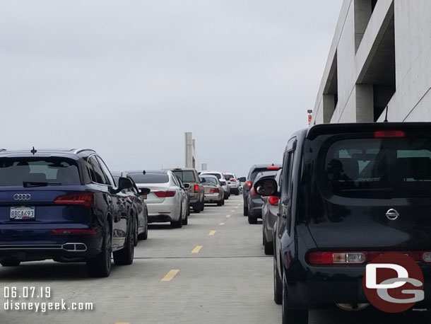 Arrived a the Disneyland Resort just before 1pm and found no line at the Mickey and Friends toll booths but traffic on the ramp to the floor was at a stand still.  It finally started moving and 5 minutes later I was parked.