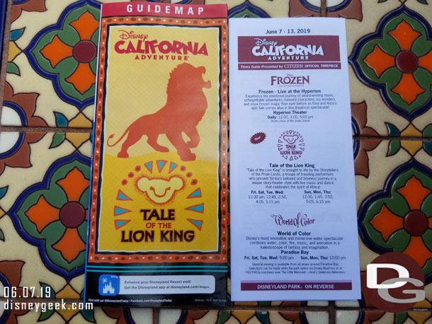 Tale of the Lion King starts today at Disney California Adventure and is featured on the park map and in the time schedule.