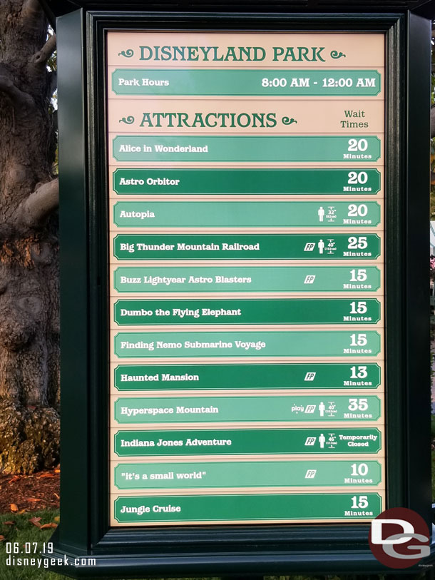 Disneyland wait times at 7:24pm