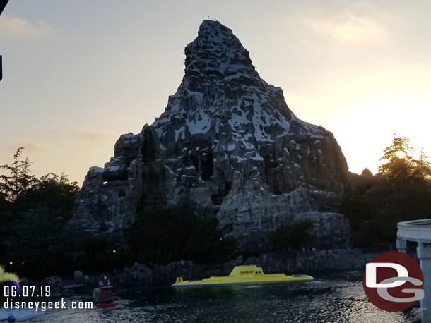 The submarine lagoon and Matterhorn as the sun was setting from the Monorail queue ramp.