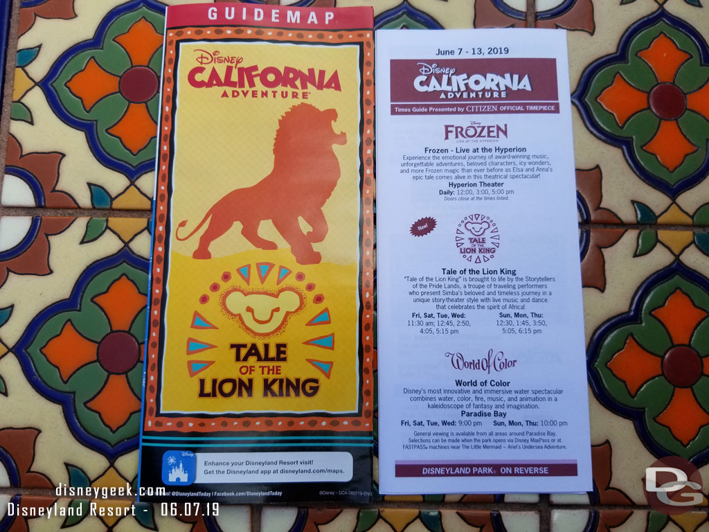 Tale of the Lion King starts today at Disney California Adventure and is featured on the park map and in the time schedule.