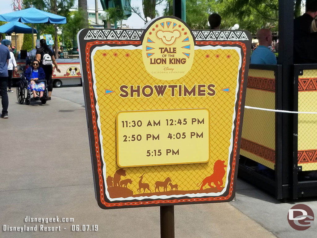 Show times for Tale of the Lion King.   