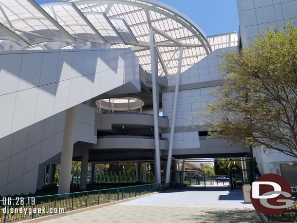 The current walkway to reach Downtown Disney.  By September a bridge will used instead, until then you have to cross the tram route then turn left to the light to cross.