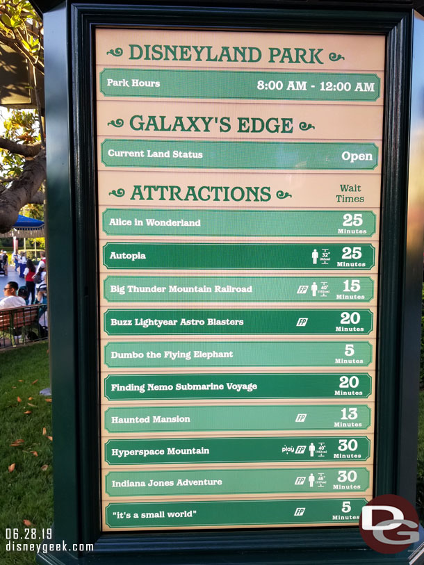 Disneyland Wait times at 7:15pm