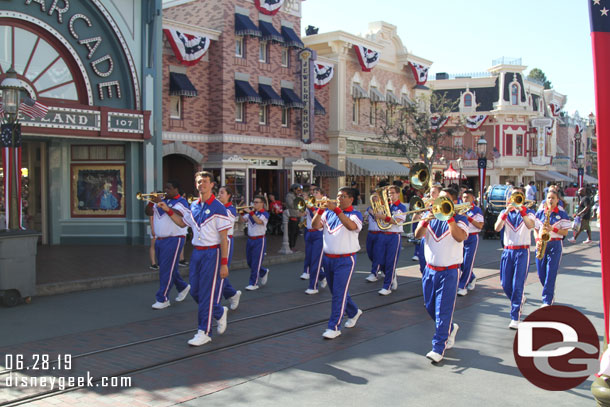 2019 Disneyland Resort All-American College Band marching to Town Square for the nightly Flag Retreat Ceremony.