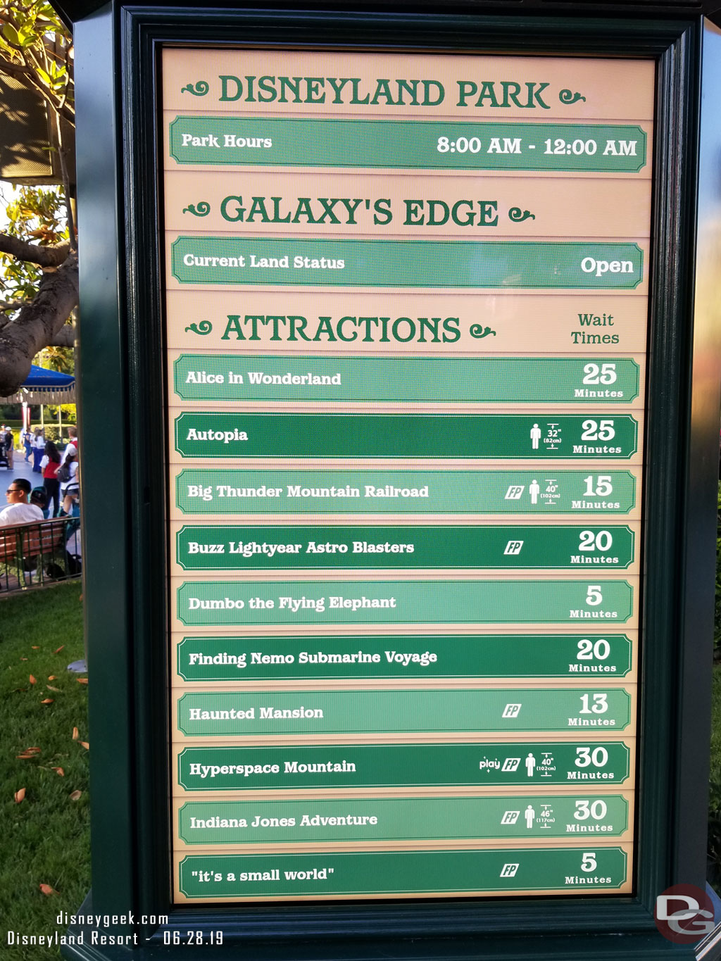 Disneyland Wait times at 7:15pm