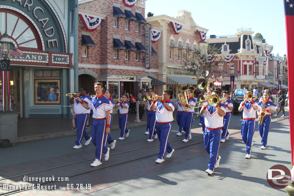 2019 Disneyland Resort All-American College Band marching to Town Square for the nightly Flag Retreat Ceremony.