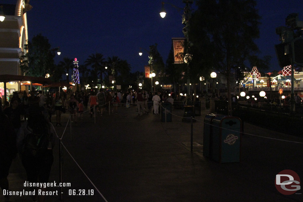 A large portion of the walkway is blocked off in preparation for World of Color this evening.