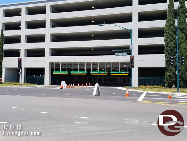The entrance for the parking structure is open and not busy this afternoon.