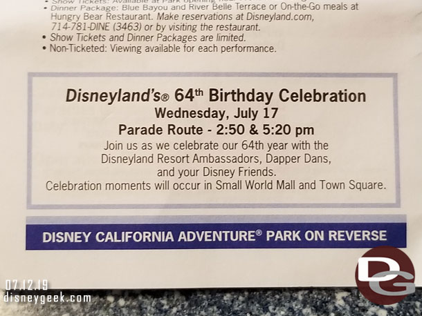 Disneyland turns 64 on Wednesday.  Here is what is listed in the Times Guide.