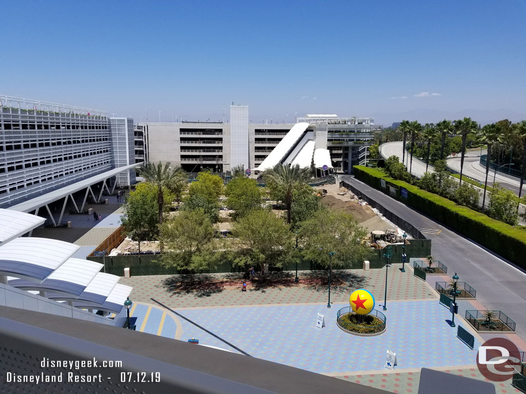 The tram plaza from the Pixar Pals parking structure.