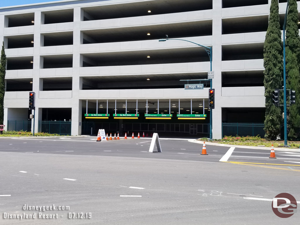 The entrance for the parking structure is open and not busy this afternoon.