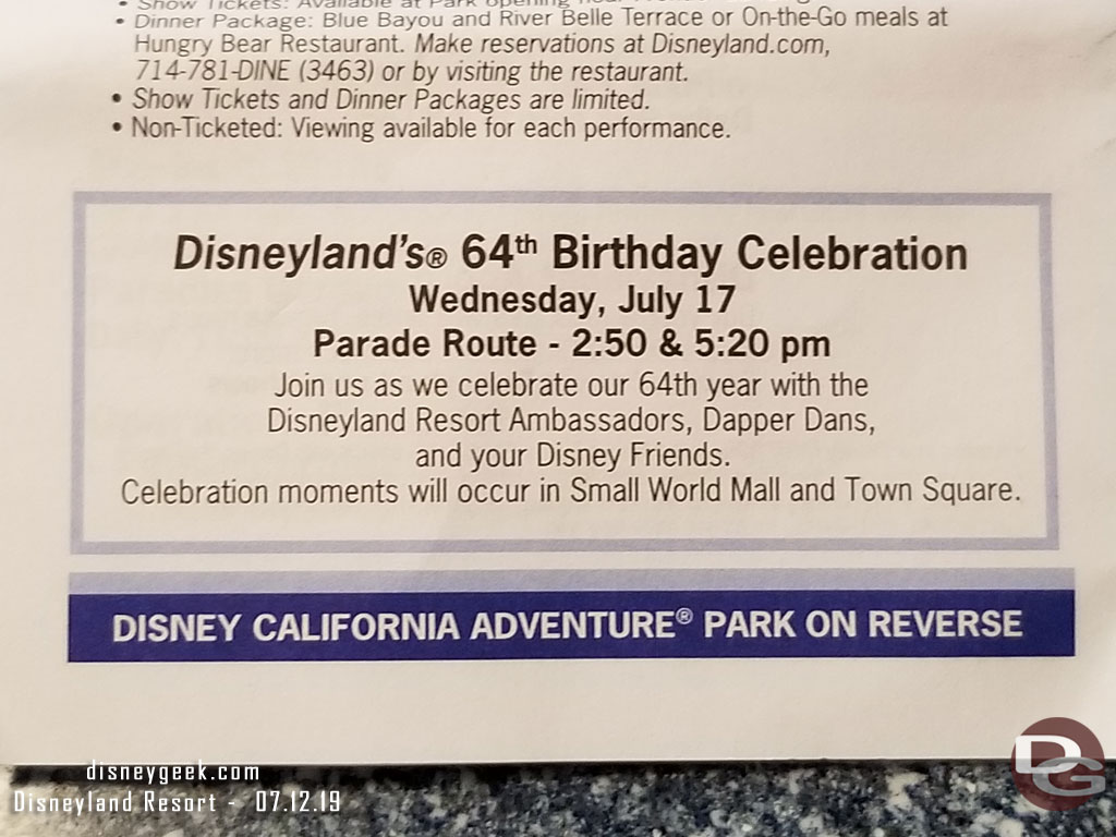 Disneyland turns 64 on Wednesday.  Here is what is listed in the Times Guide.