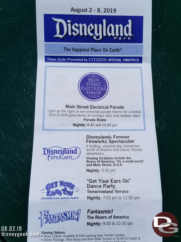 The Main Street Electrical Parade returns this evening to Disneyland and is featured on the times guide.