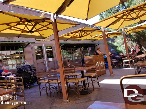 The outdoor seating area for Smoke Jumpers Grill closest to Buena Vista Street has new umbrellas (or at least new to me).